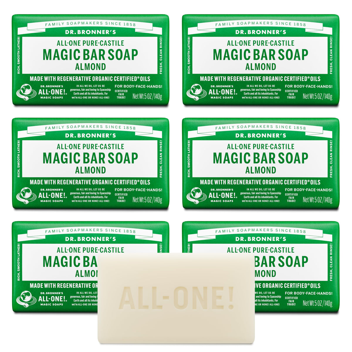 Dr. Bronner’s barra de Castilla Almendra con empaque reciclado para uso diario.