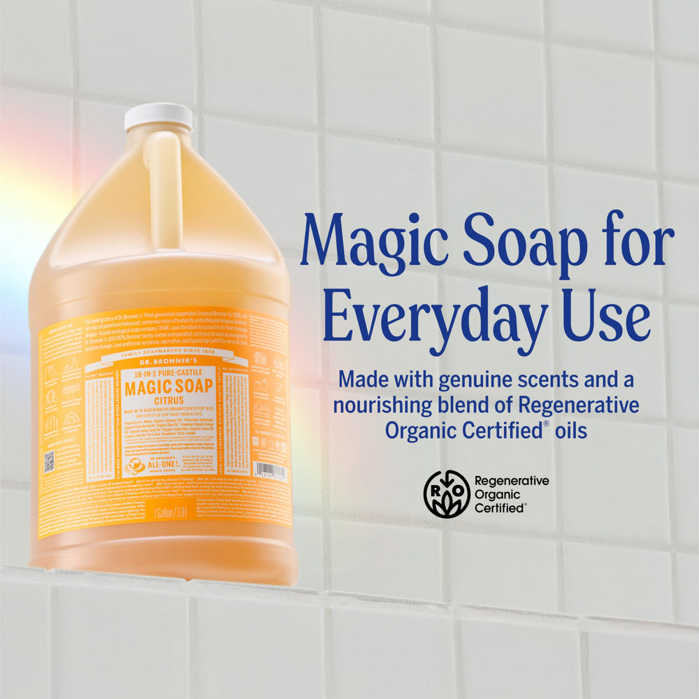 Dr. Bronner's Castile cítrico para platos y limpieza del hogar con dilución segura