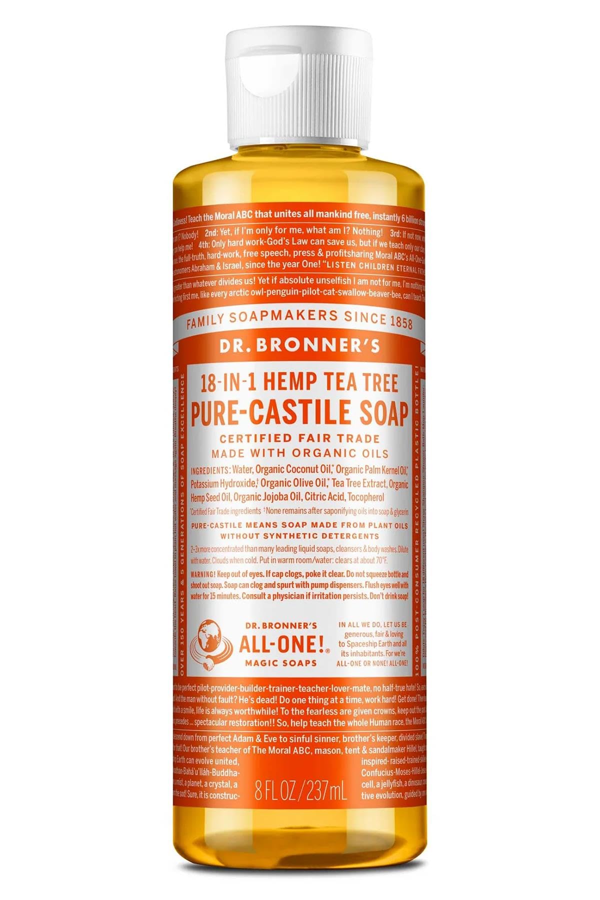 Dr. Bronner's Castile líquido, botella de 8 onzas, aroma a árbol de té para limpieza suave.
