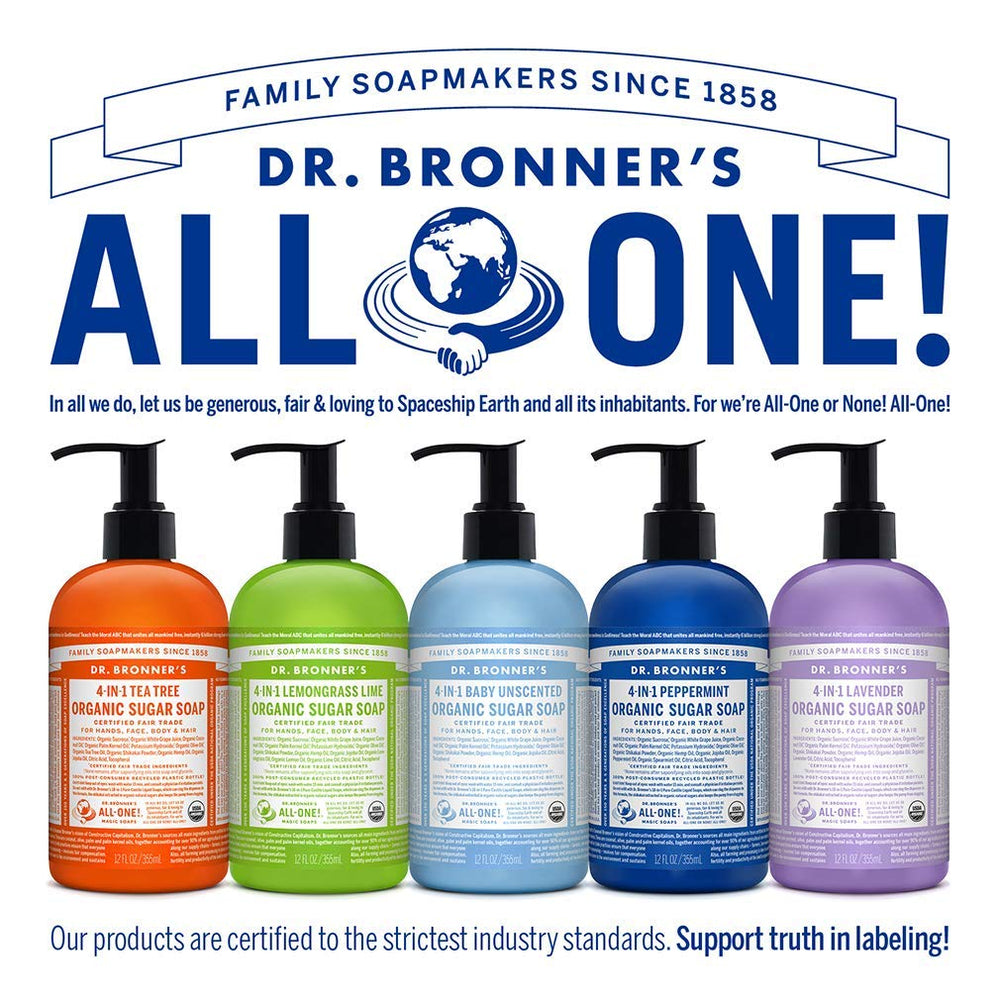 Dr. Bronner's Envase reciclado: empaque 100% post consumo.