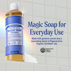 Dr. Bronner's Jabón Castile, etiqueta de ingredientes orgánicos y comercio justo.