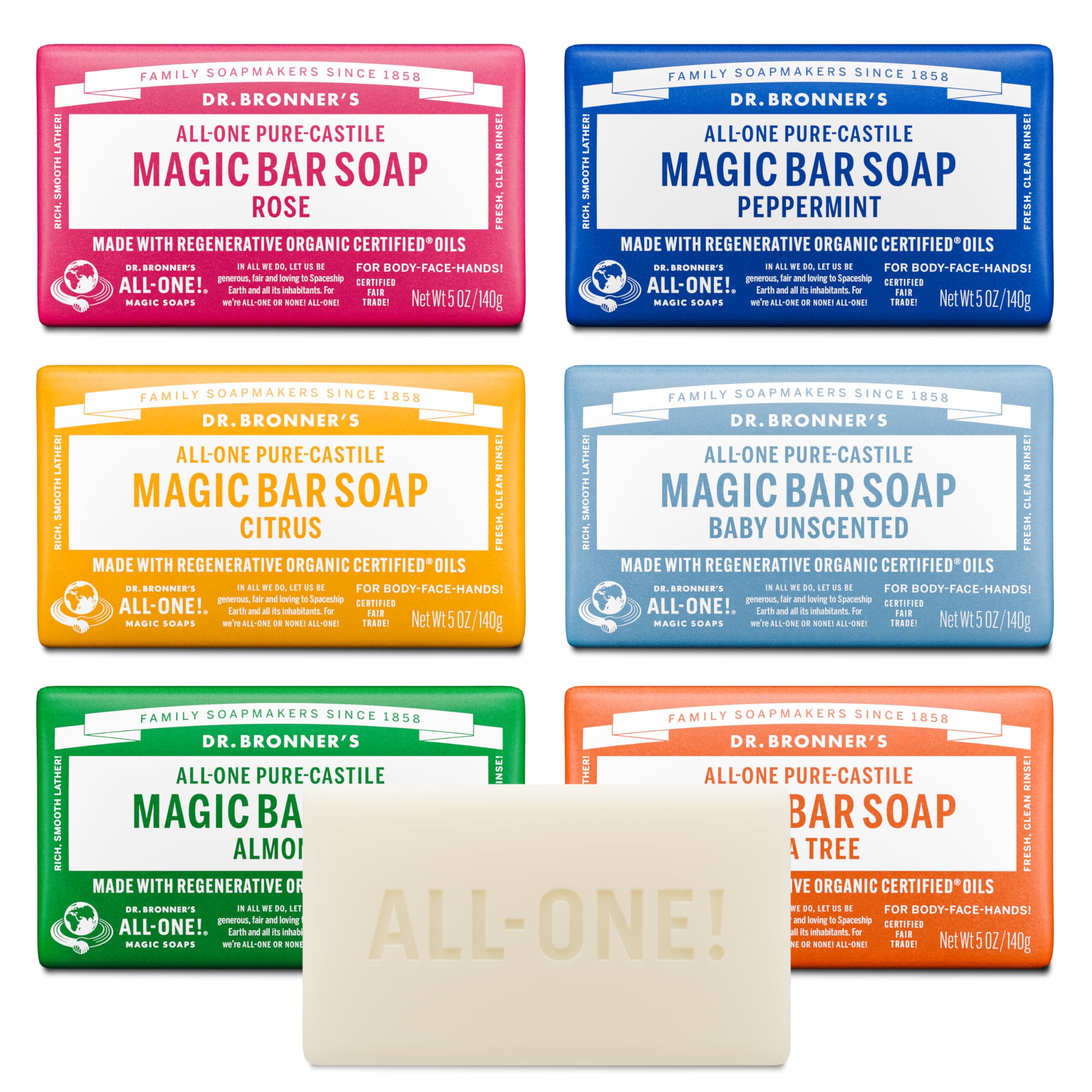 Dr. Bronner's jabon-barra castile Almendra, limpieza suave para piel sensible y cabello