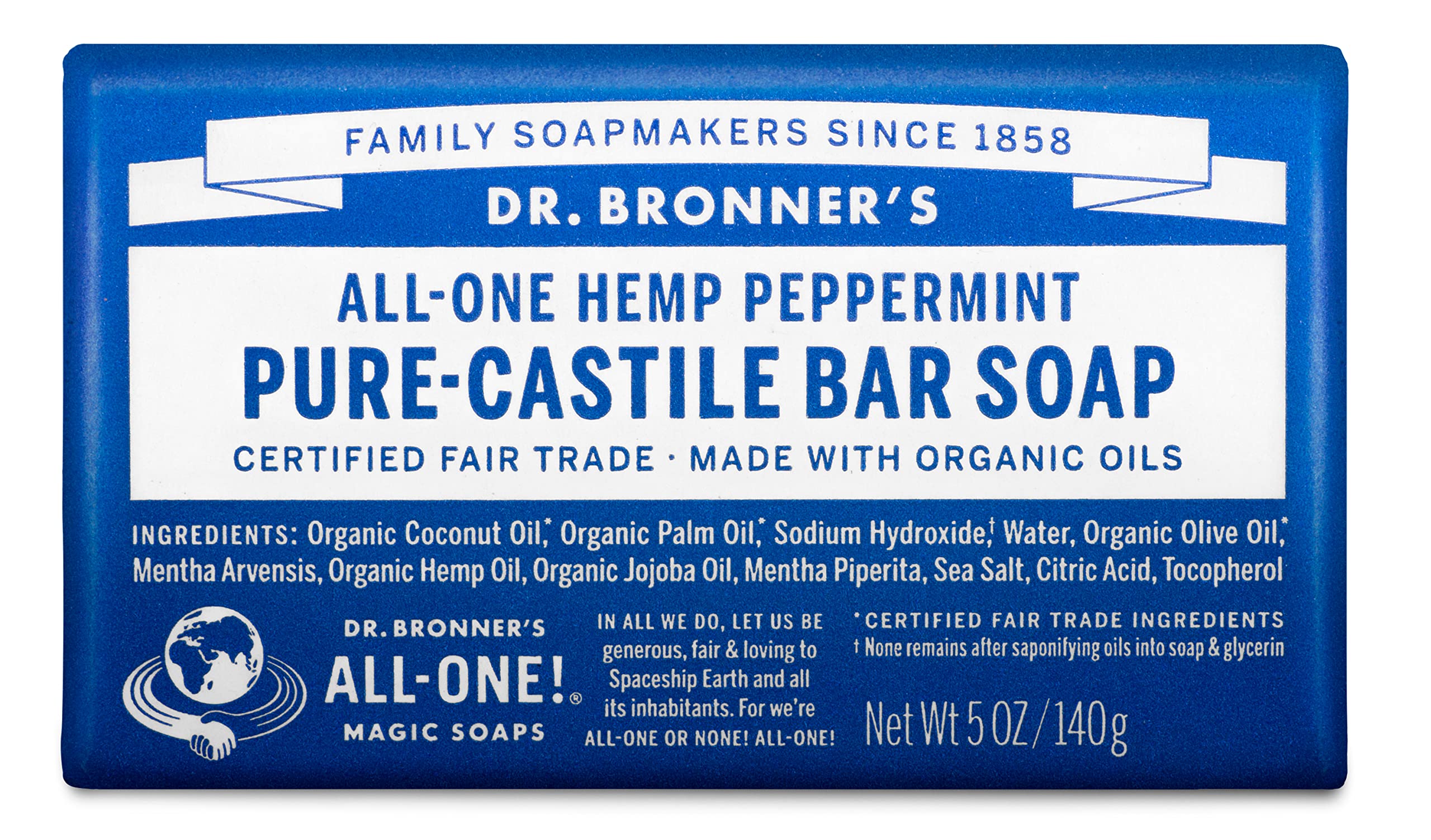 Dr. Bronner's jabón en barra de menta para manos, limpieza suave diaria.