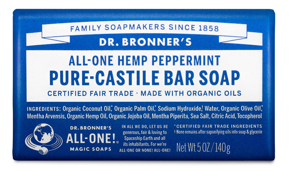 Dr. Bronner's jabón en barra de menta para manos, limpieza suave diaria.