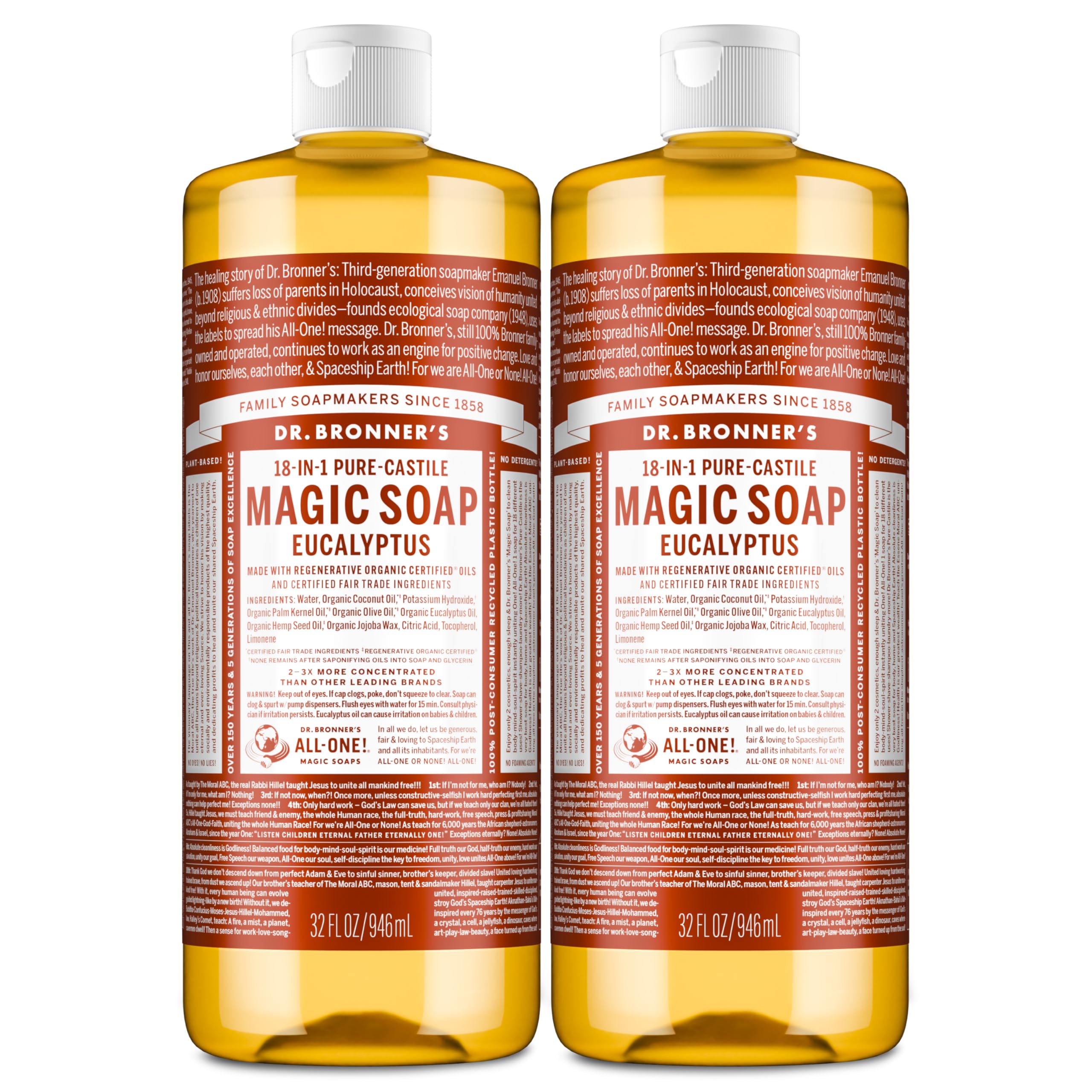 Jabón de castile Dr. Bronner’s con espuma rica y piel suave, aroma a eucalipto