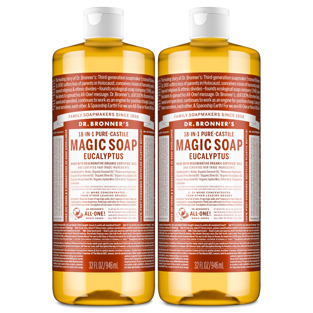 Jabón de castile Dr. Bronner’s con espuma rica y piel suave, aroma a eucalipto