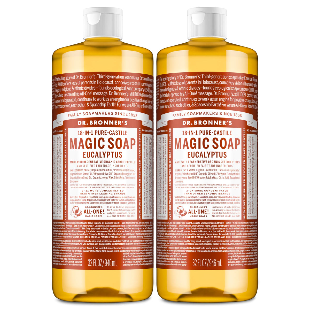 Jabón de castile Dr. Bronner’s con espuma rica y piel suave, aroma a eucalipto