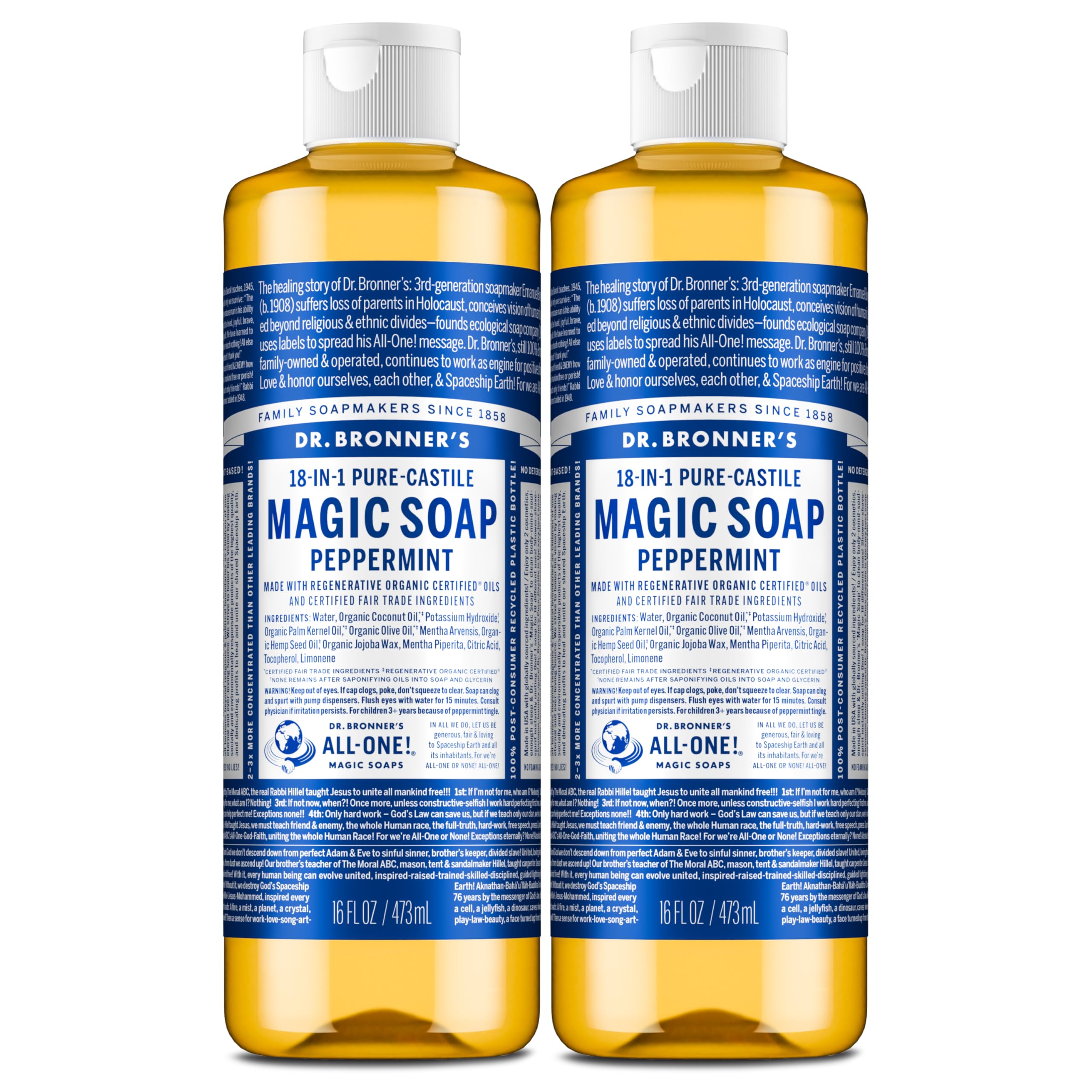 Dr. Bronner's Jabón Castile menta, botella vertida, limpieza suave y multiusos.