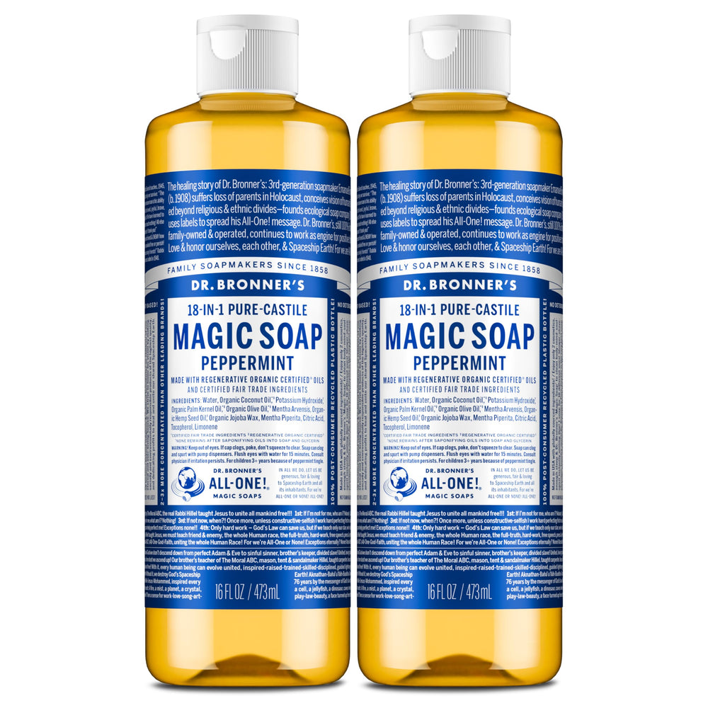 Dr. Bronner's Jabón Castile menta, botella vertida, limpieza suave y multiusos.