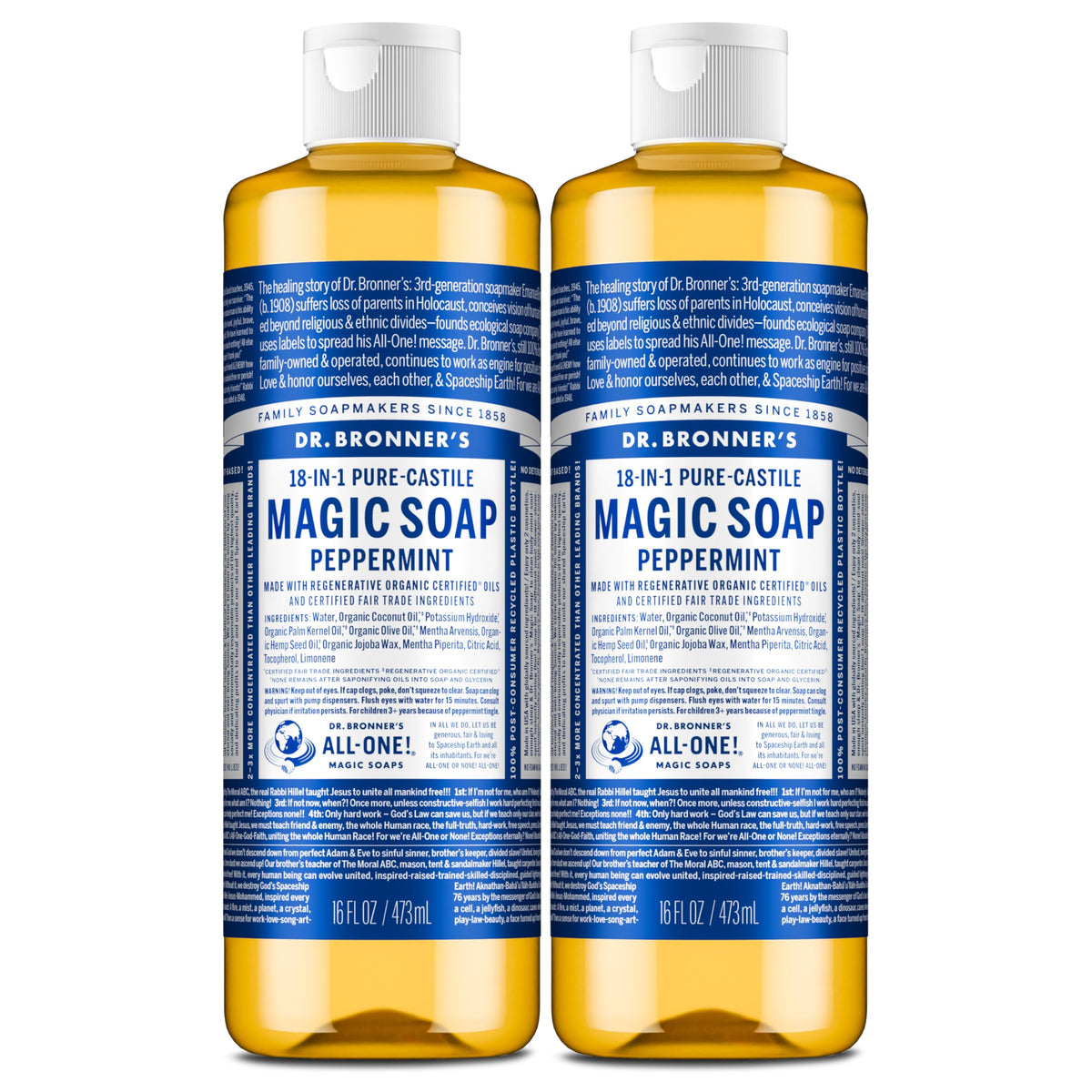 Dr. Bronner's Jabón Castile menta, botella vertida, limpieza suave y multiusos.