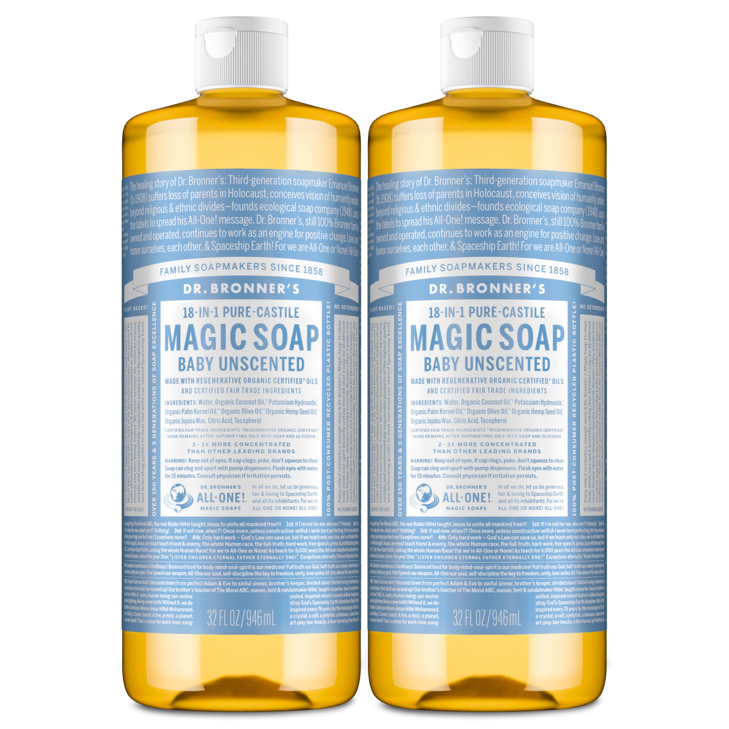 Dr. Bronner's botella derramando jabón castile bebé sin fragancia para uso diario