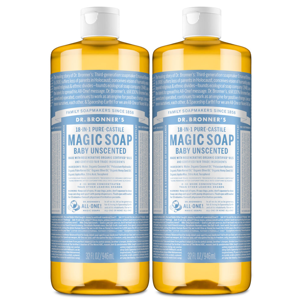 Dr. Bronner's botella derramando jabón castile bebé sin fragancia para uso diario