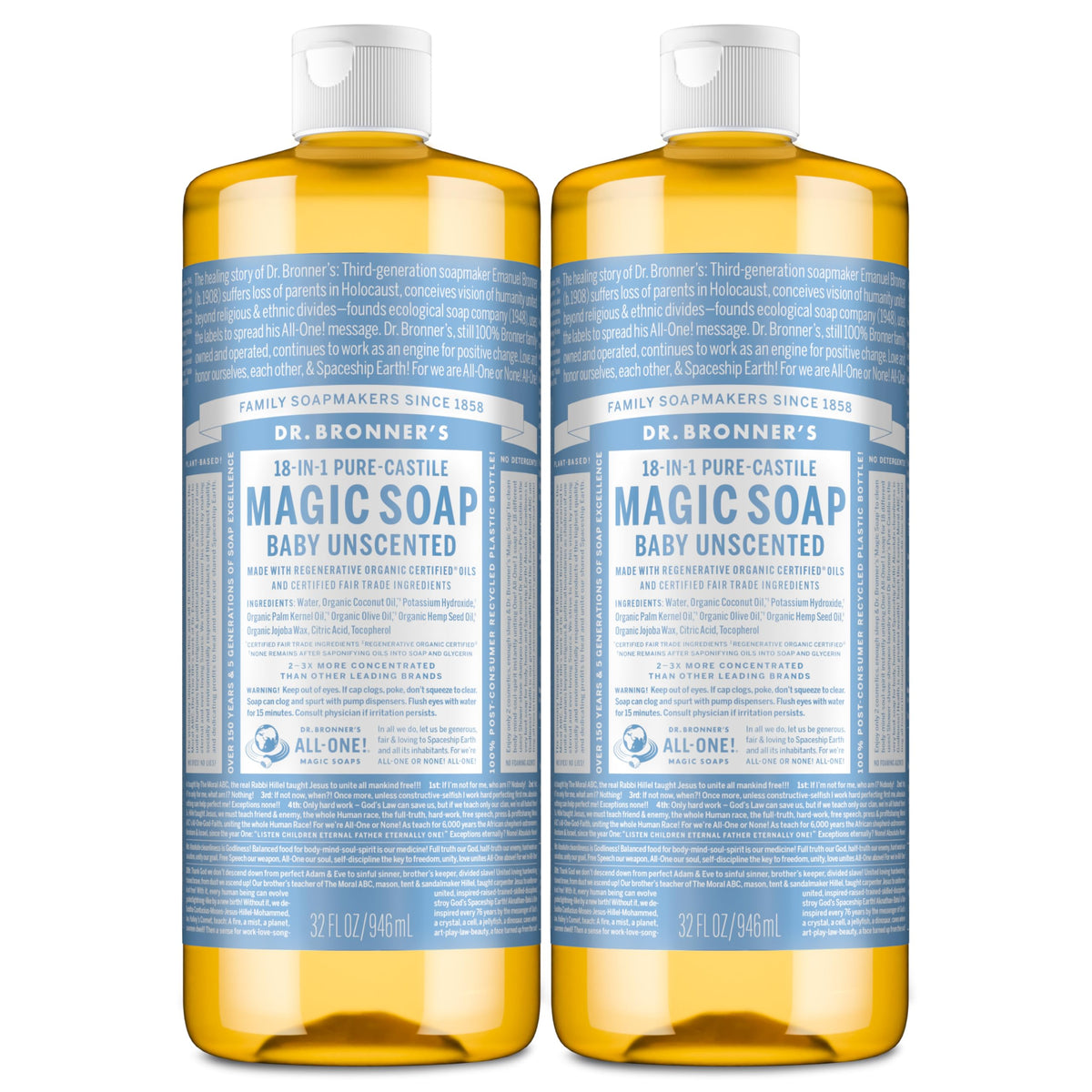 Dr. Bronner's botella derramando jabón castile bebé sin fragancia para uso diario