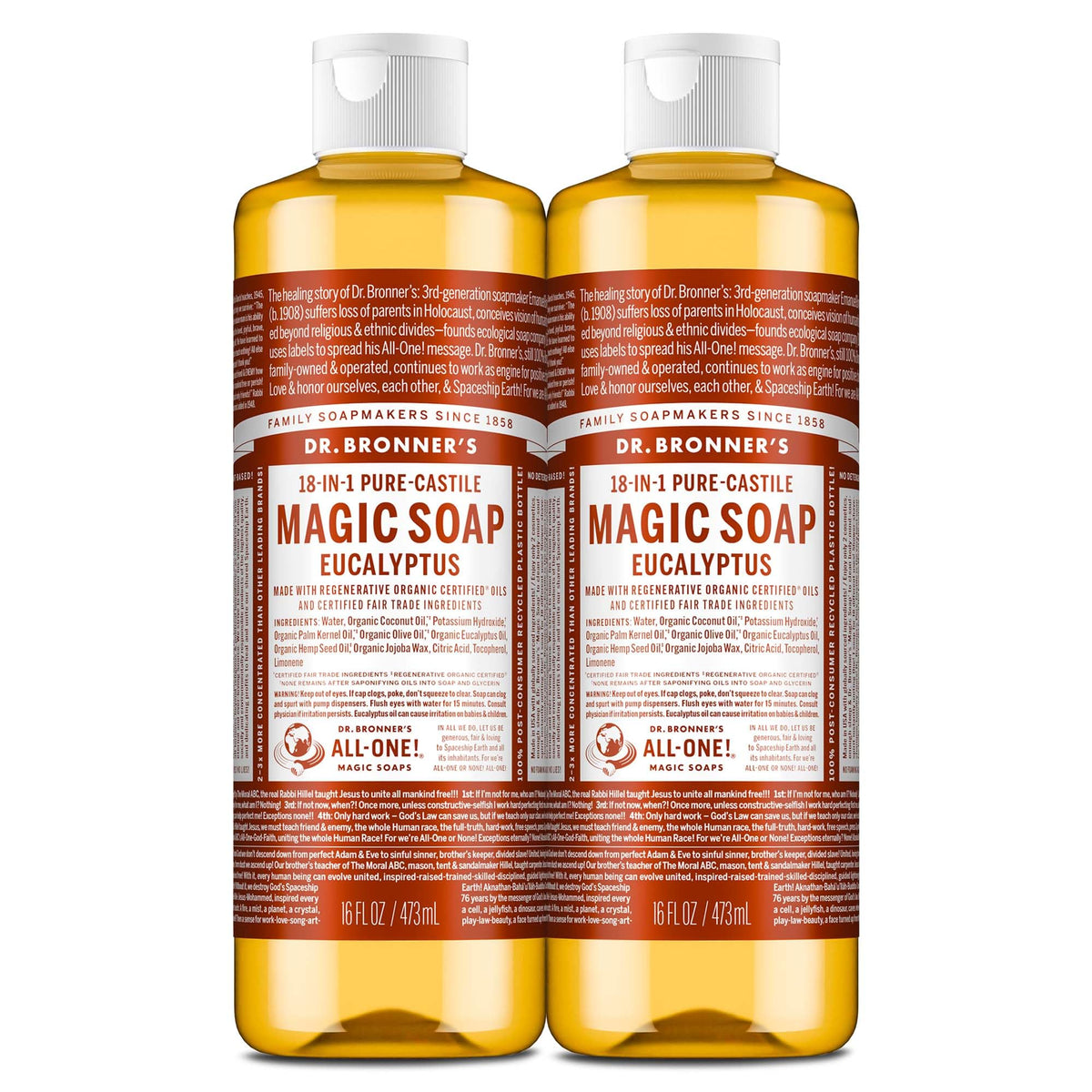 Dr. Bronner's jabon castile eucalipto, botella doble-paquete, uso versatil para hogar