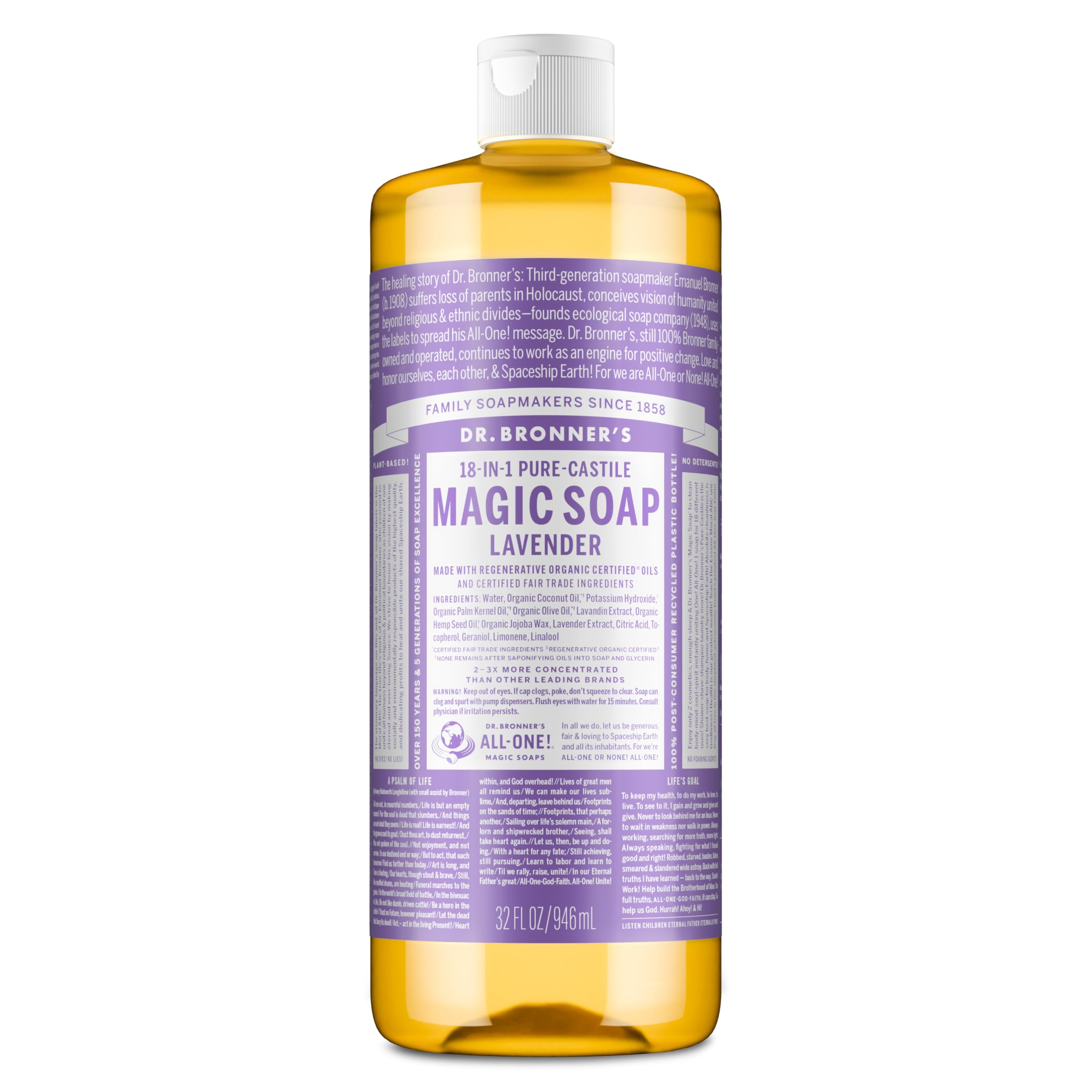 Dr. Bronner's Jabón líquido Castile Lavanda, botella lista para uso diario y aroma suave