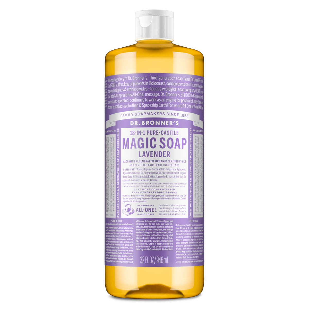 Dr. Bronner's Jabón líquido Castile Lavanda, botella lista para uso diario y aroma suave