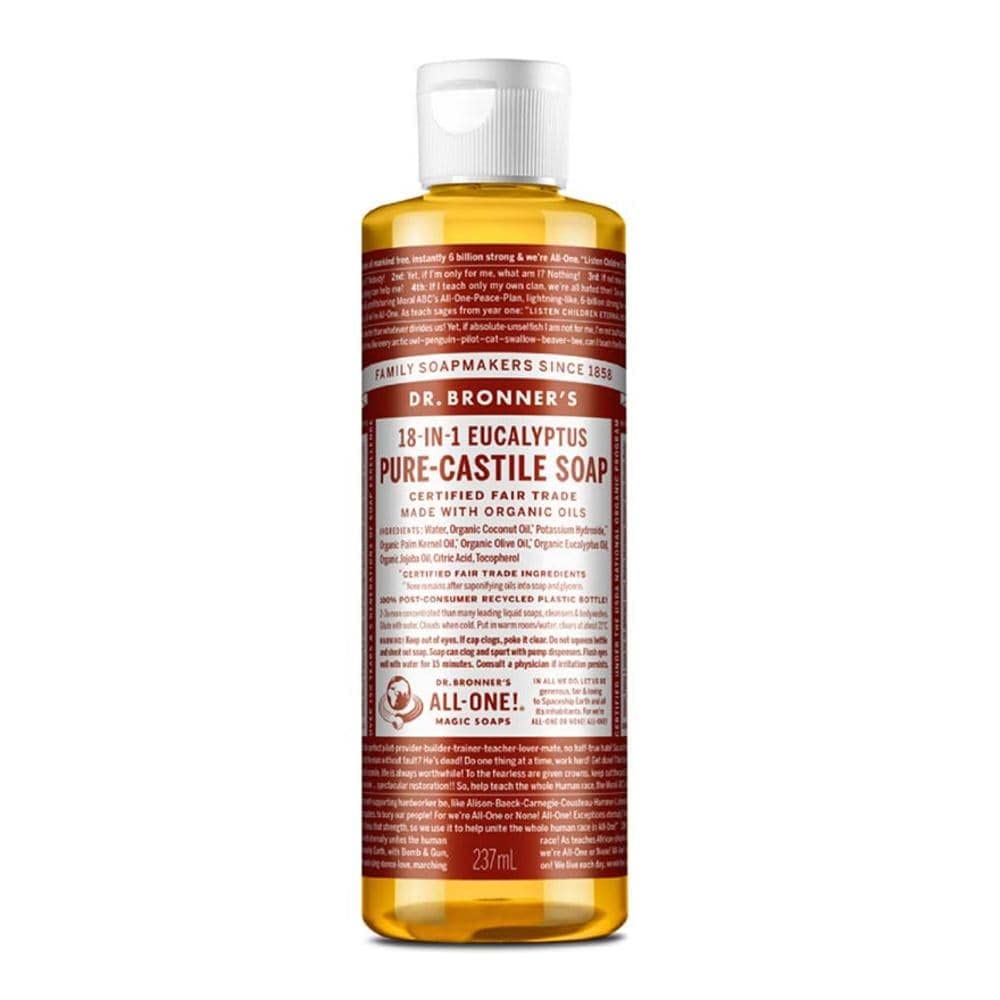 Dr. Bronner's jabon liquido puro castile eucalipto, botella vertida para limpieza multiusos.