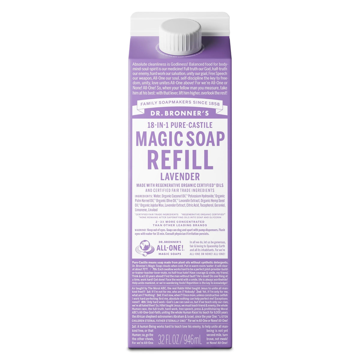 Dr. Bronner's Lavanda - jabón líquido recarga 32oz para cara y cuerpo
