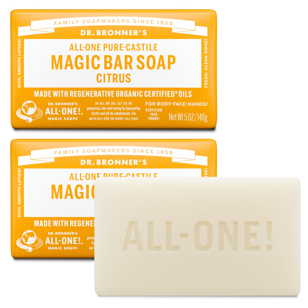Dr. Bronner's Pure-Castile Citrus Magic Bar front view for versatile cleansing (face, body, hair)