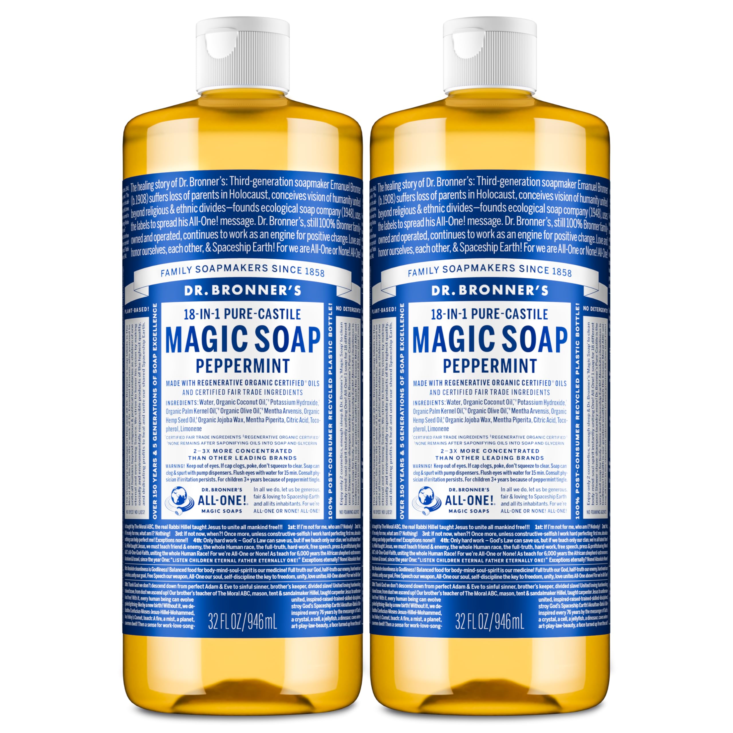 Dr. Bronner’s Puro-Castile Menta, botella en dos paquetes, usos versátiles.