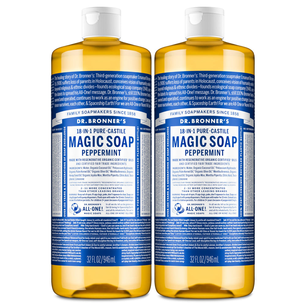Dr. Bronner’s Puro-Castile Menta, botella en dos paquetes, usos versátiles.