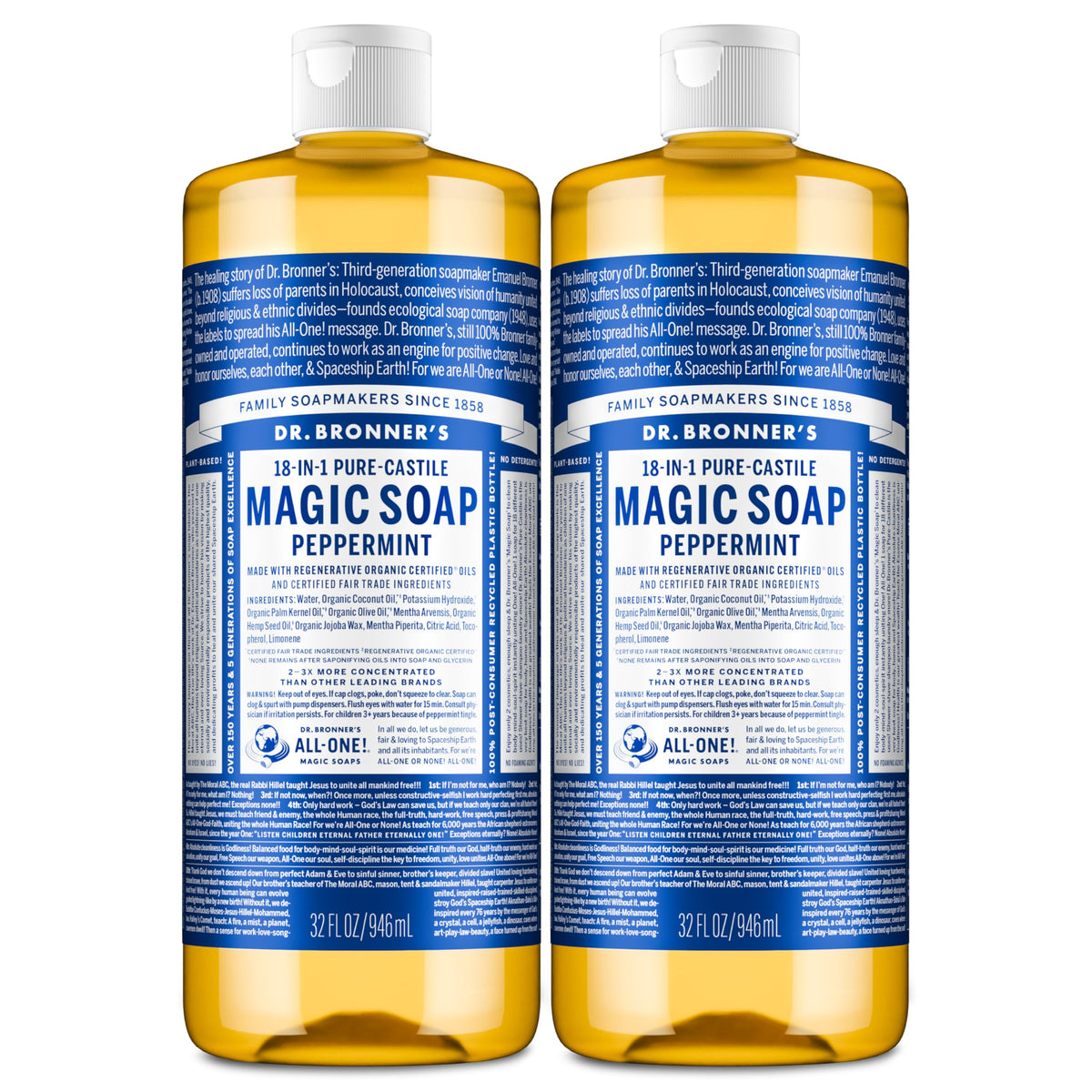 Dr. Bronner’s Puro-Castile Menta, botella en dos paquetes, usos versátiles.