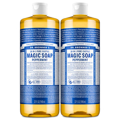 Dr. Bronner’s Puro-Castile Menta, botella en dos paquetes, usos versátiles.