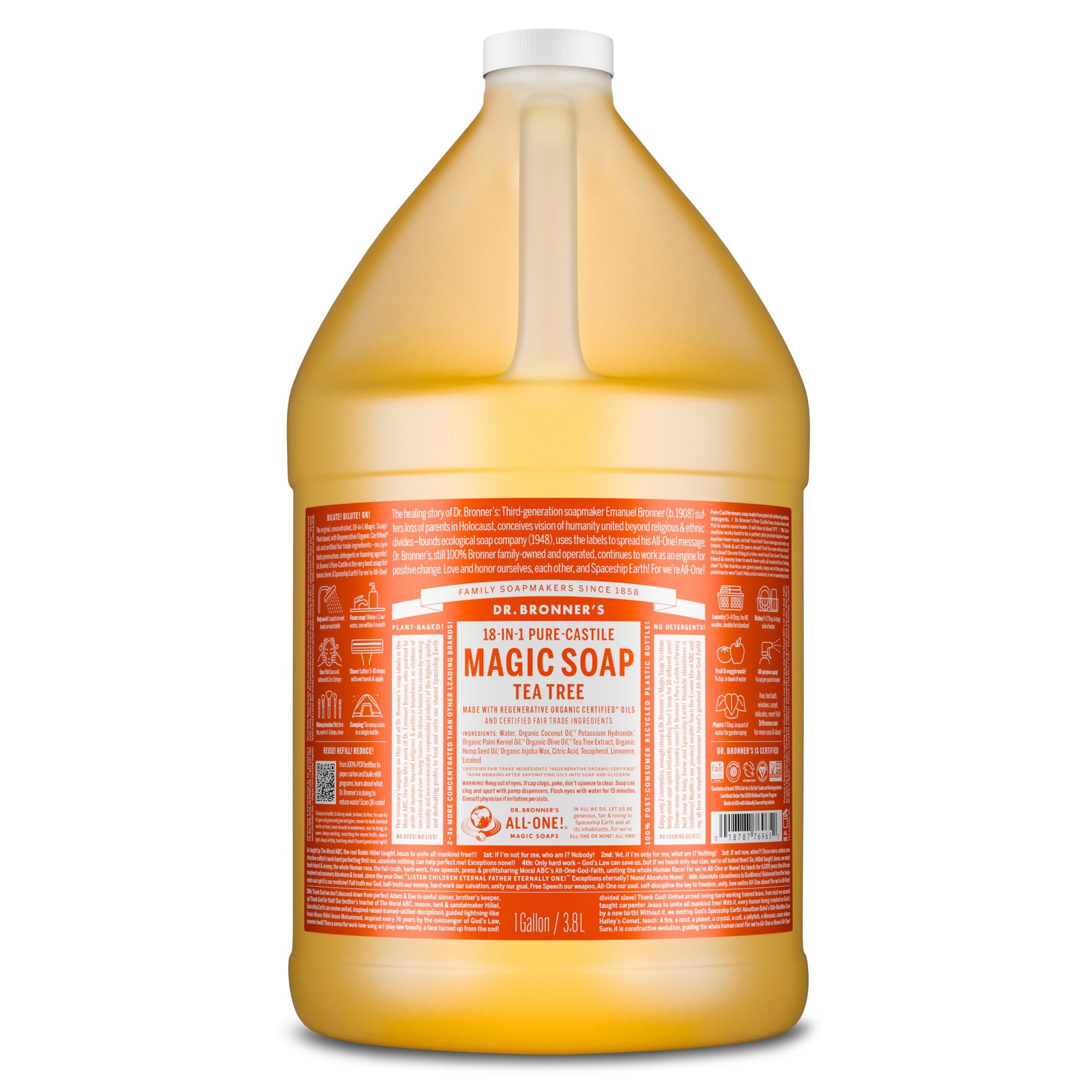 Dr. Bronners jabon Castilla puro árbol de té en botella 1 galón, lavado suave para piel.