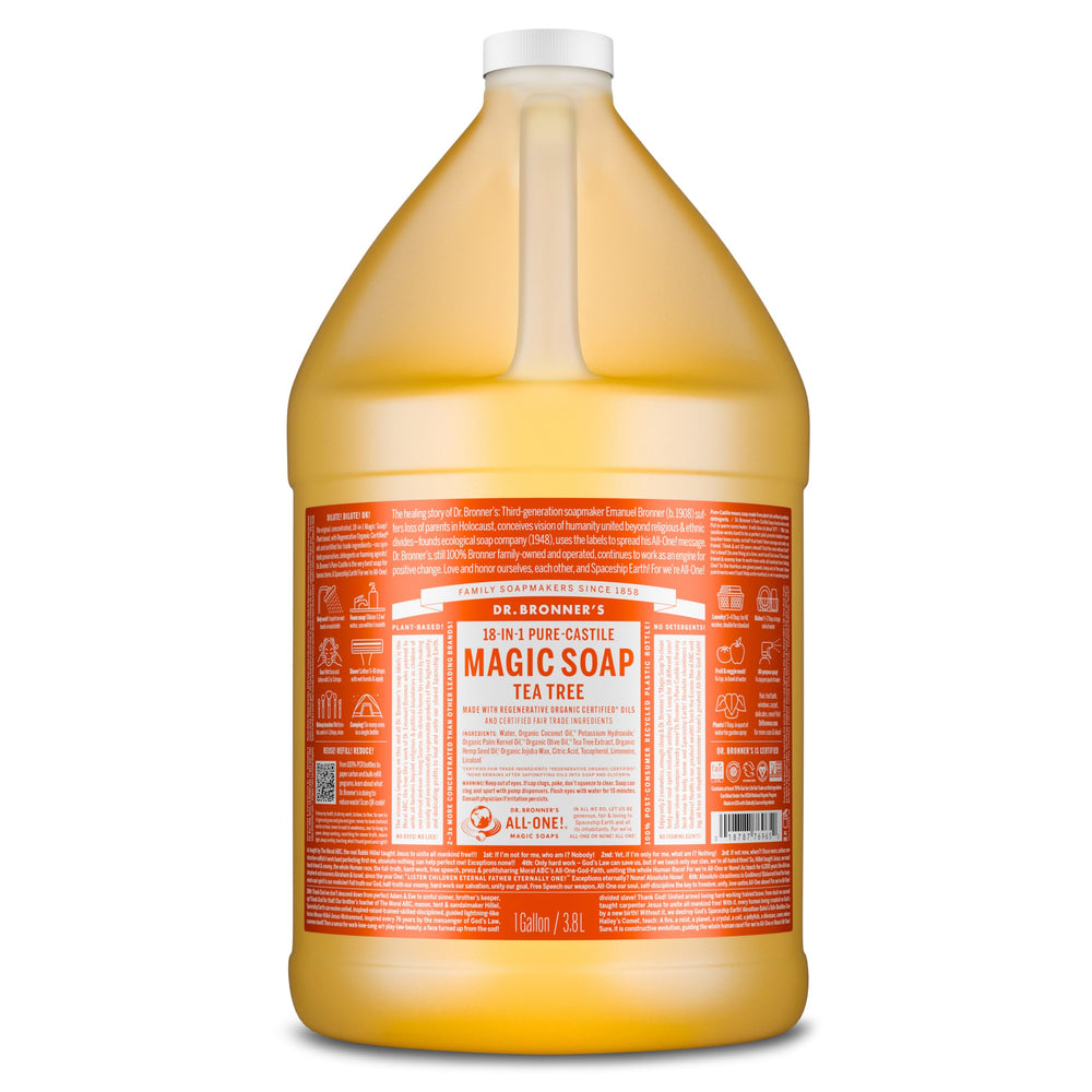 Dr. Bronners jabon Castilla puro árbol de té en botella 1 galón, lavado suave para piel.