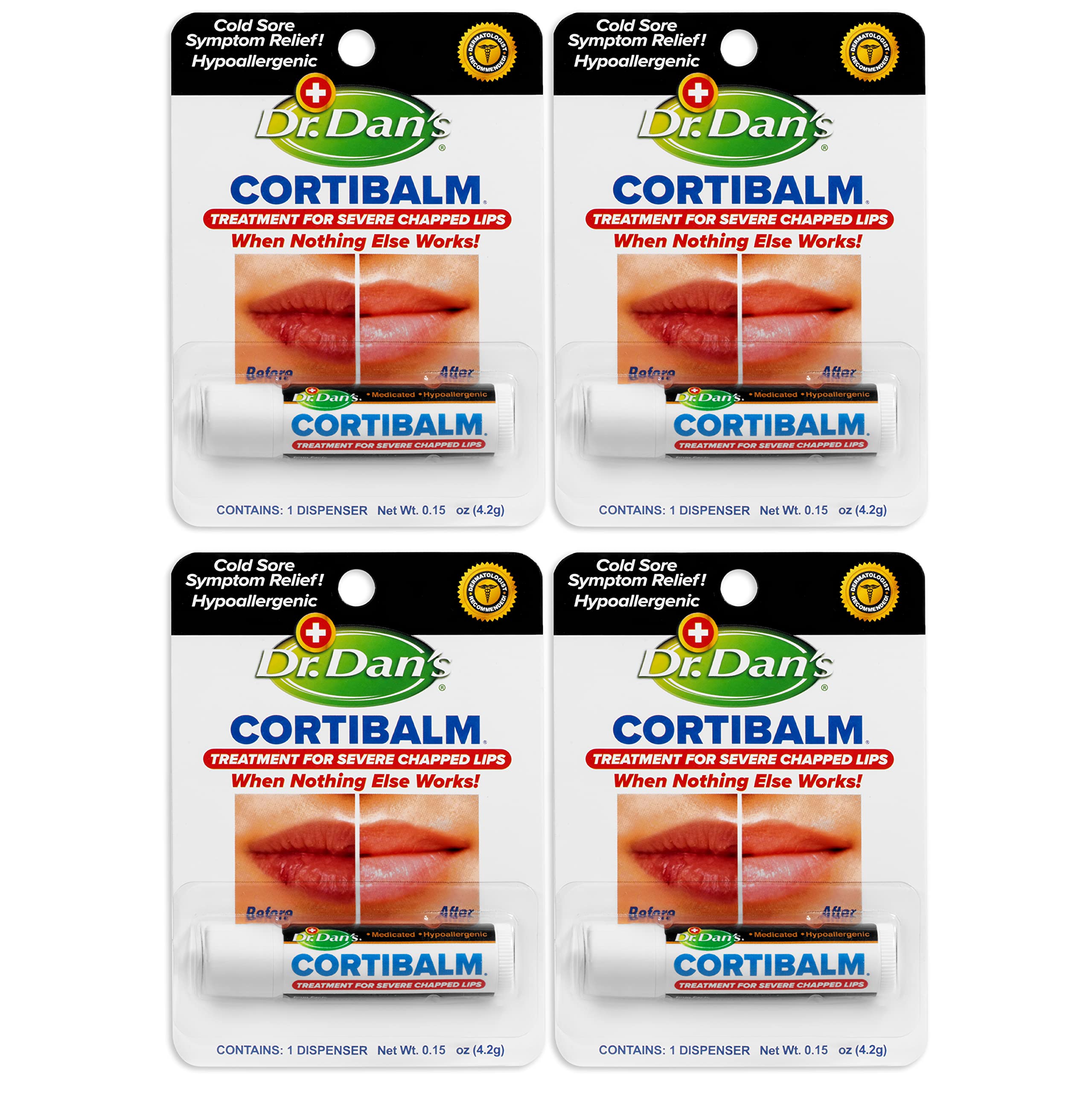 Dr. Dan's Cortibalm 4-pack box front highlighting lip care for dry lips