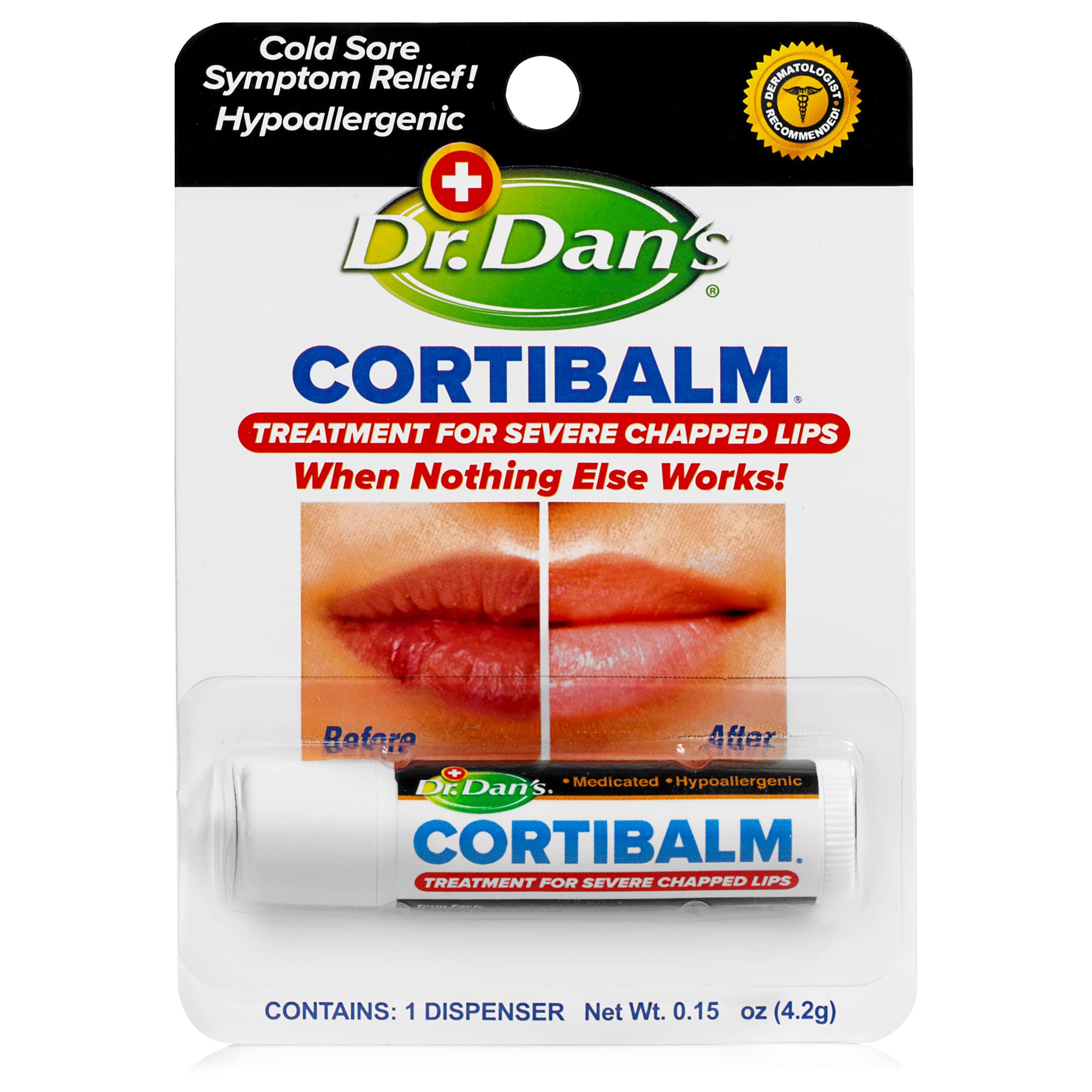 Dr. Dan's Cortibalm en envase labial para labios resecos.