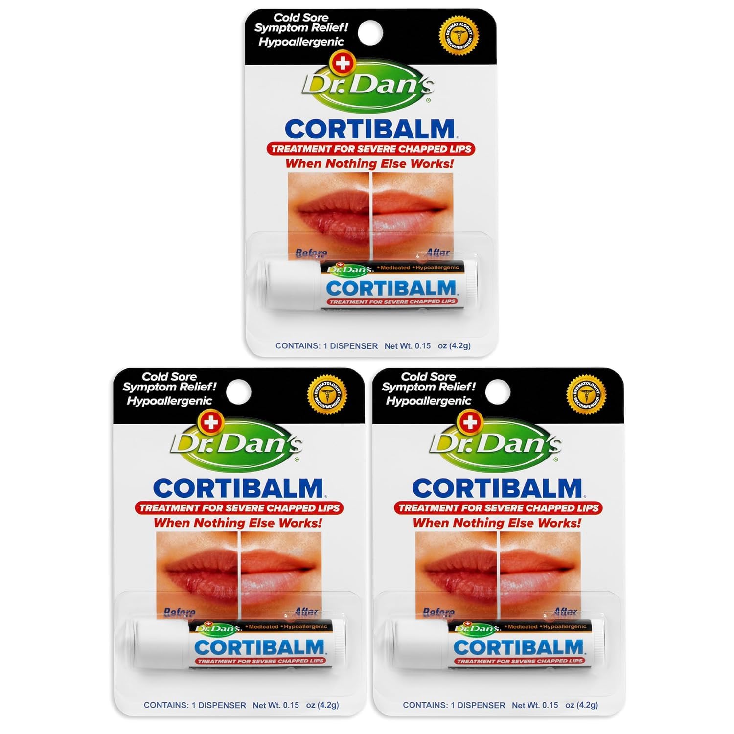 Dr. Dan's Cortibalm paquete triple, hidratación para labios agrietados.