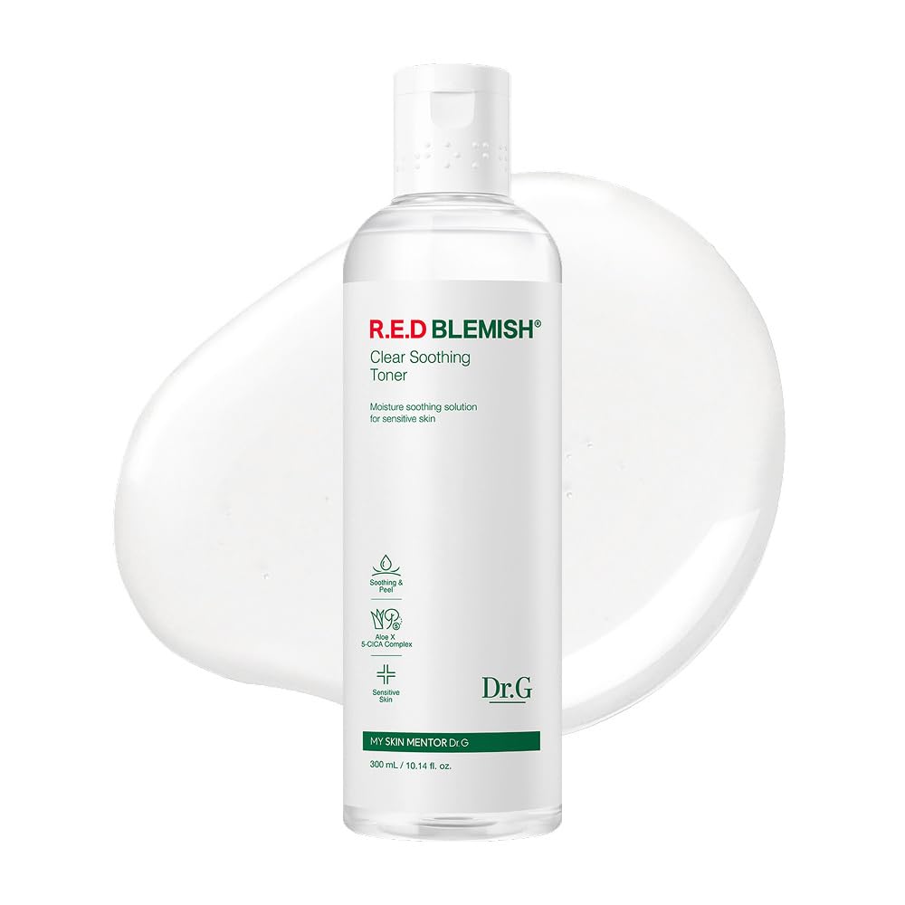 Botella del Dr. G R.E.D. Tonico Blemish Clear para uso diario.