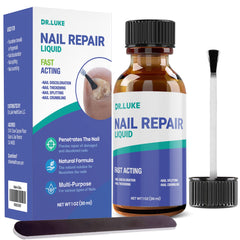 Dr. Luke Nail Repair Liquid en botella para aplicación precisa en uñas.