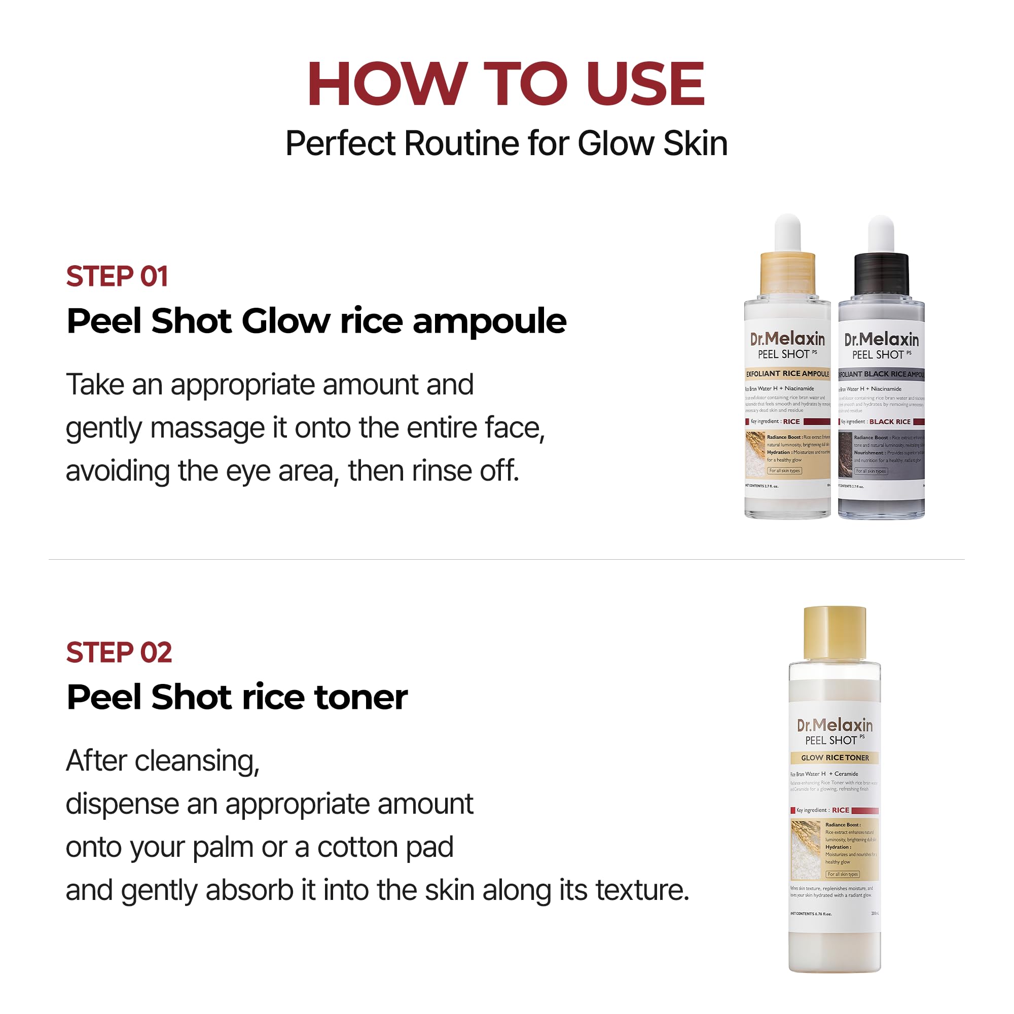 Rutina diaria con Dr.Melaxin Peel Shot Glow Rice Toner, piel suave y preparada.