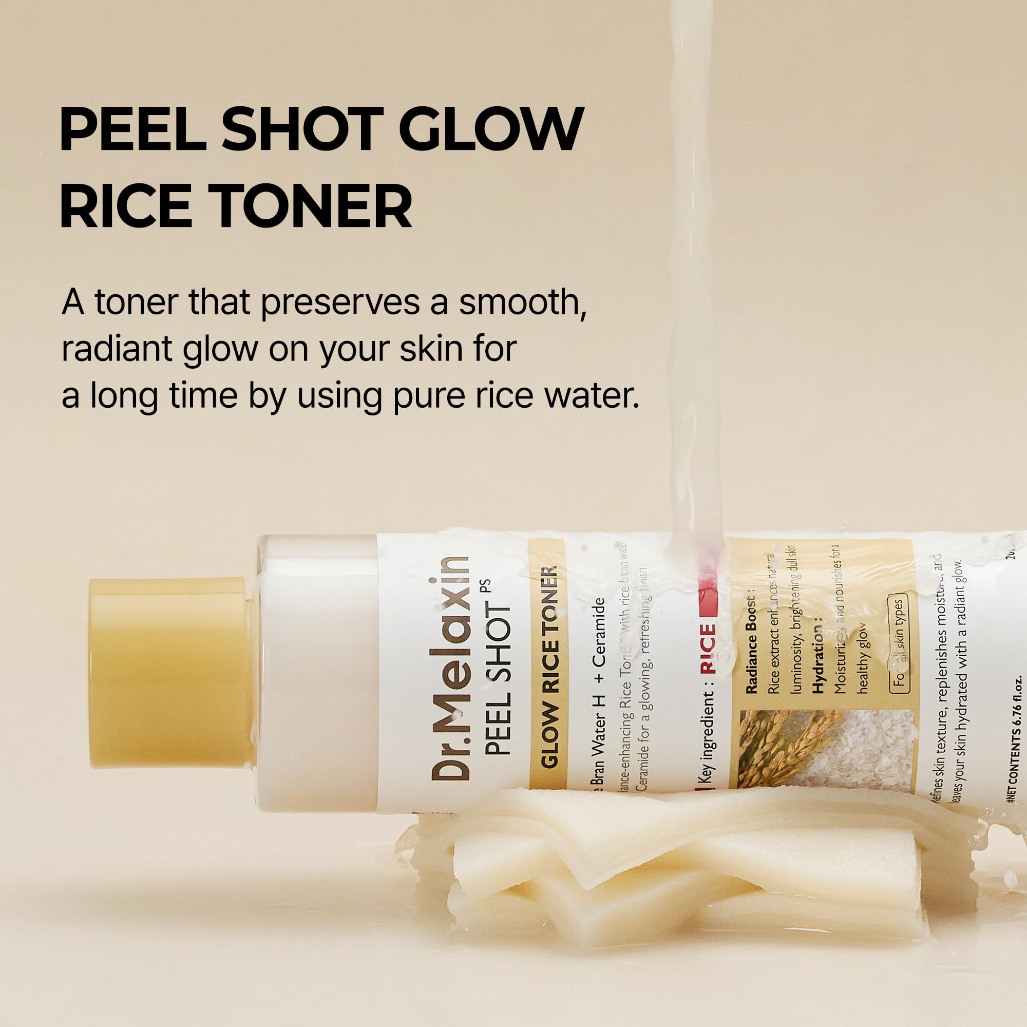 Textura líquida de Dr.Melaxin Peel Shot Glow Rice Toner, sensación fresca al aplicar.