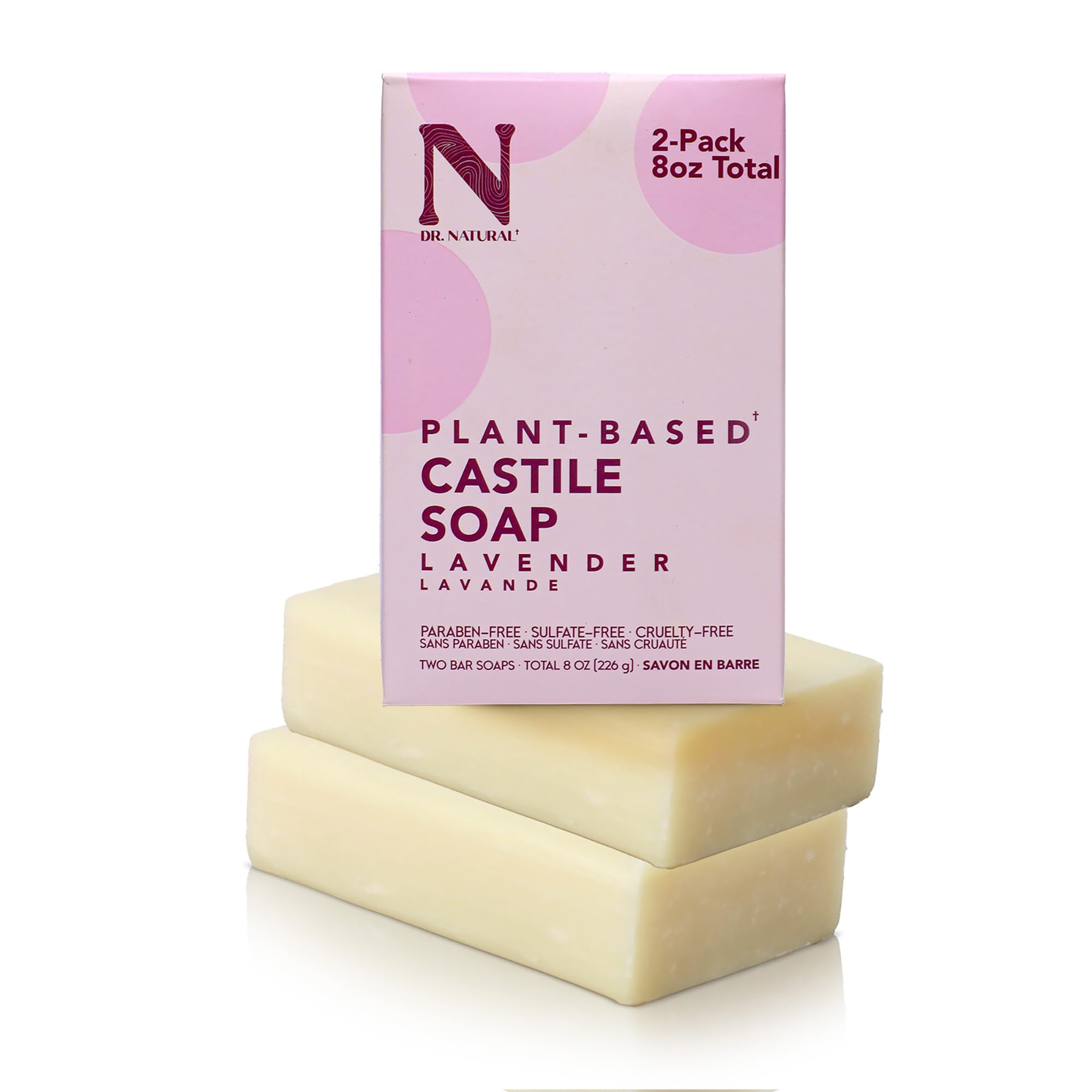 Dr. Natural Jabón de Castilla Lavanda, barra visible, ideal para baño diario y ducha.