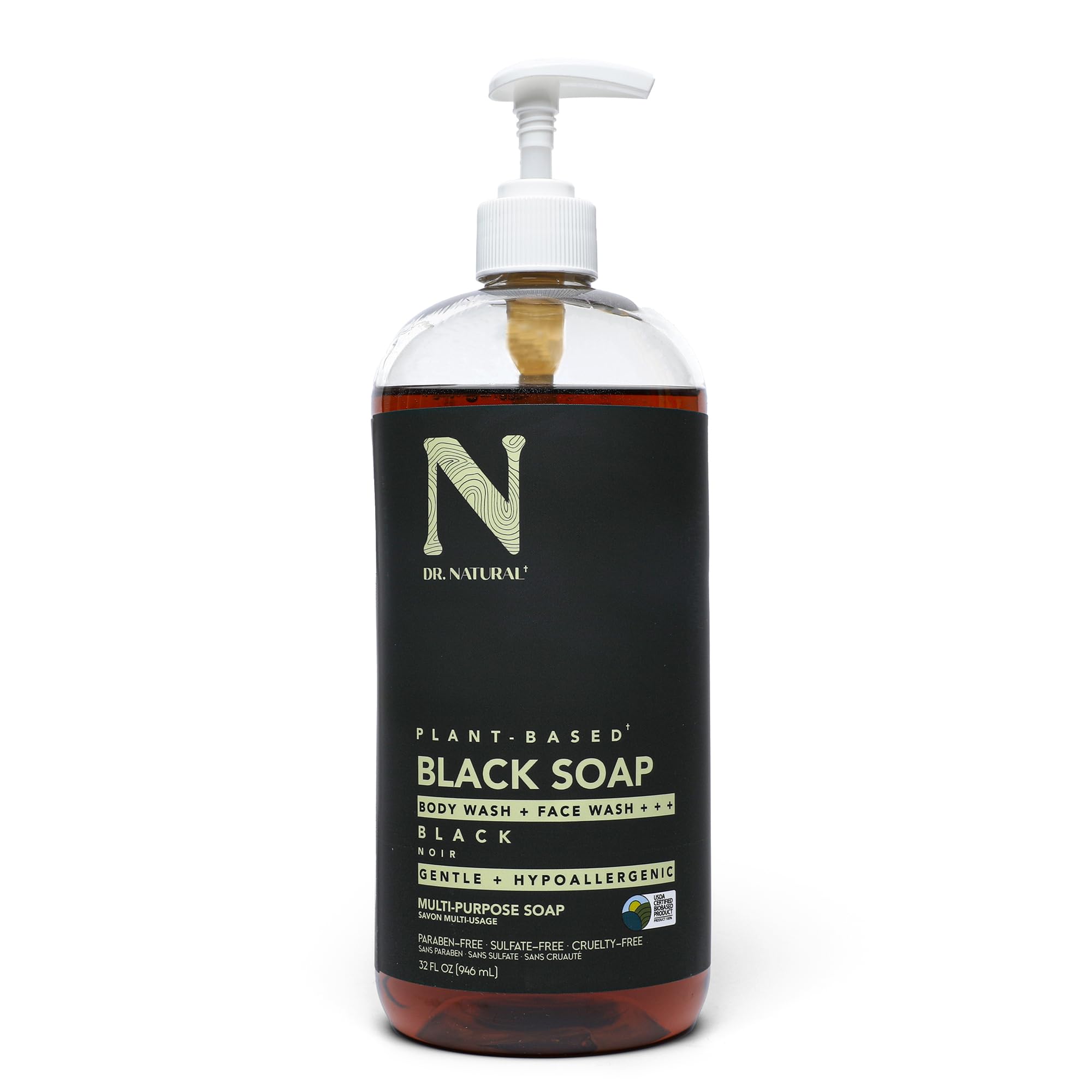 Dr Natural Jabón Negro Líquido Multpropósito limpia rostro y cuerpo con hidratación suave.