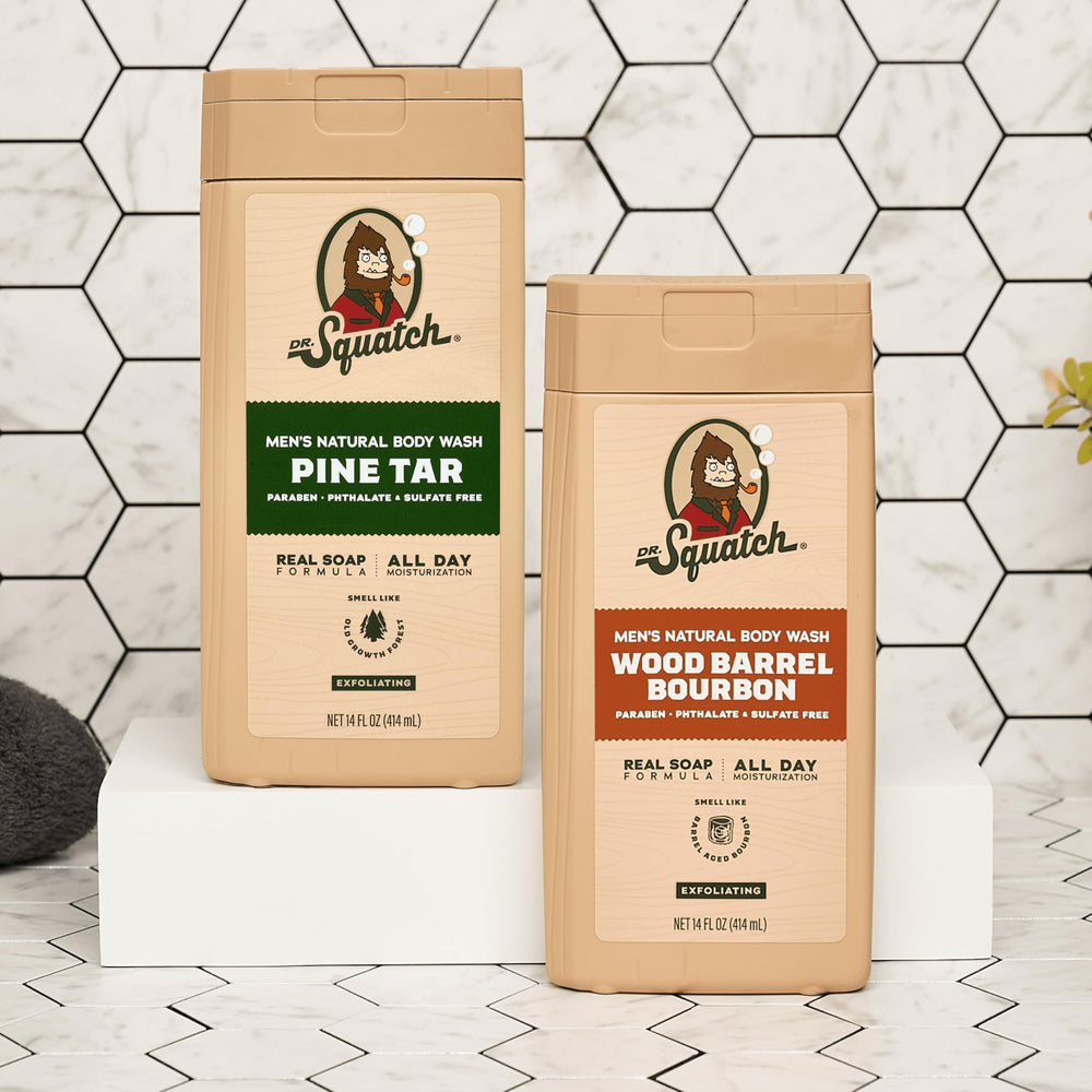 Experiencia de ducha con aroma Pine Tar y fragancia duradera de Dr. Squatch.