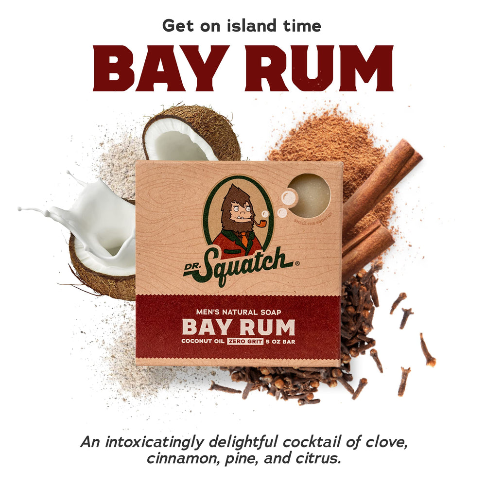 Dr. Squatch Bay Rum bar closeup with creamy natural lather.