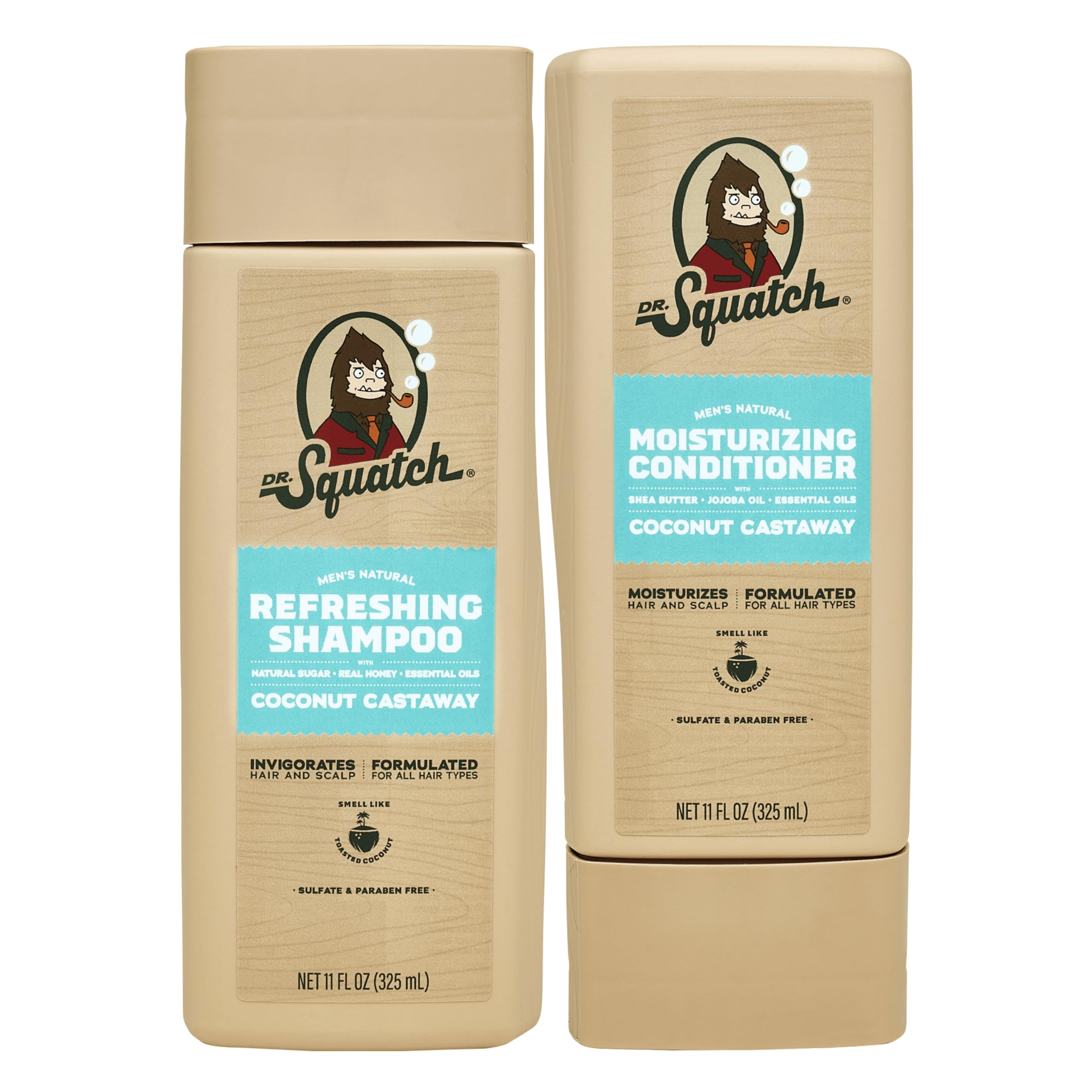 Dr. Squatch Coconut Castaway shampoo, botella elegante para cabello suave y aroma fresco
