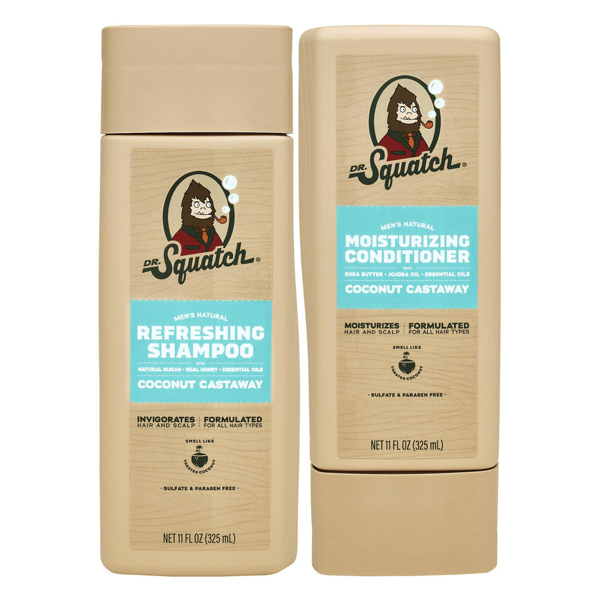 Dr. Squatch Coconut Castaway shampoo, botella elegante para cabello suave y aroma fresco