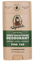 Dr. Squatch desodorante de alquitrán de pino, botella, protección duradera para el día.