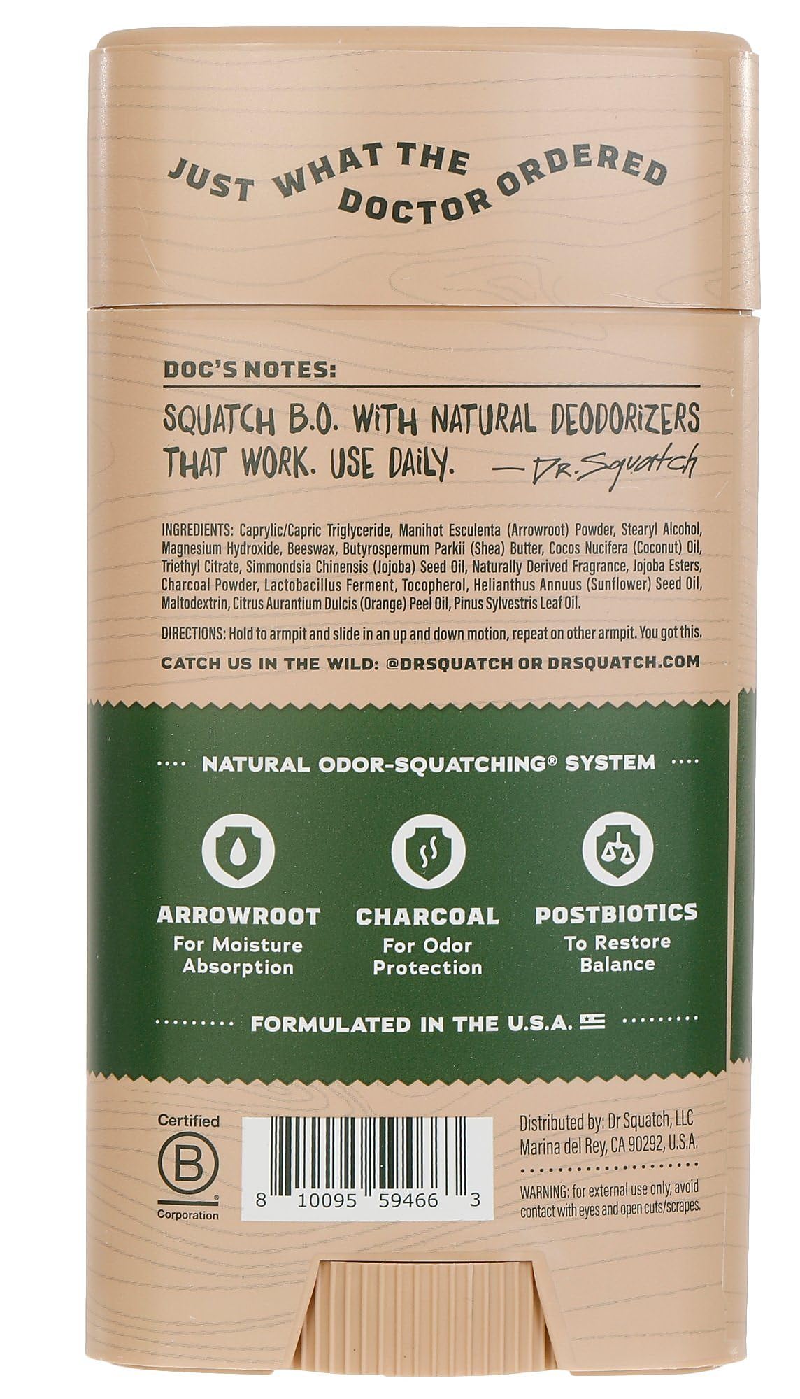 Desodorante Dr. Squatch Pine Tar, etiqueta, aroma rústico para hombres activos.