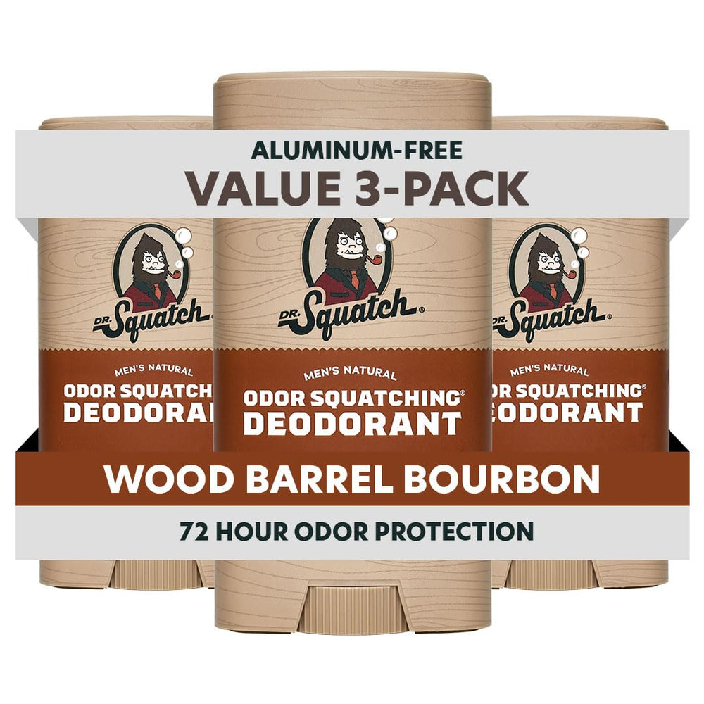 Desodorante natural Dr. Squatch para hombre en botella, aroma barril de madera bourbon y frescura.