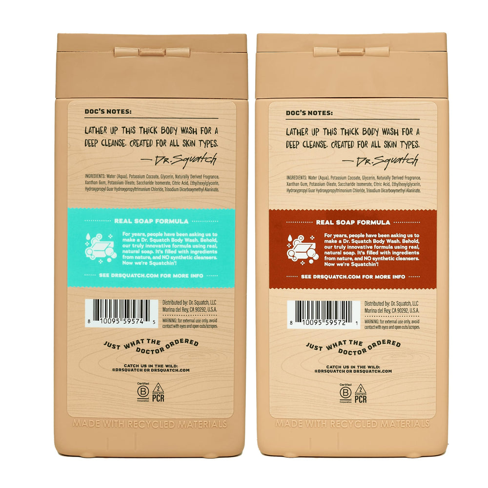 Dr. Squatch gel de ducha Coco Castaway, etiqueta destacando ingredientes naturales