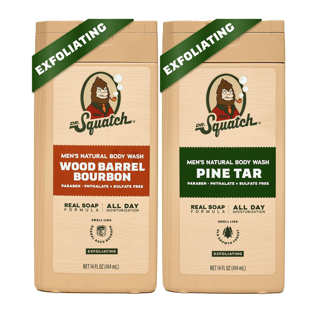 Dr. Squatch gel de ducha Wood Barrel Bourbon y Pine Tar, espuma suave para la ducha diaria.