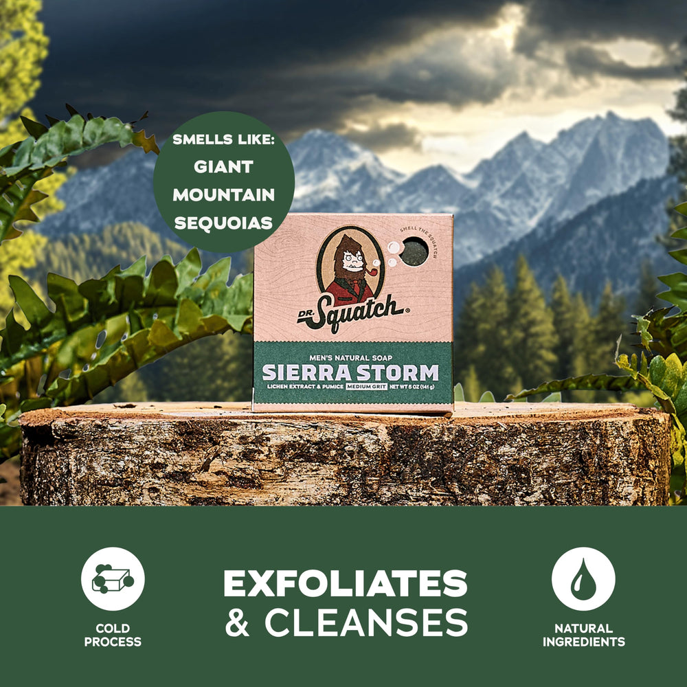 Dr. Squatch Sierra Storm, barra con caolín para exfoliar suavemente.
