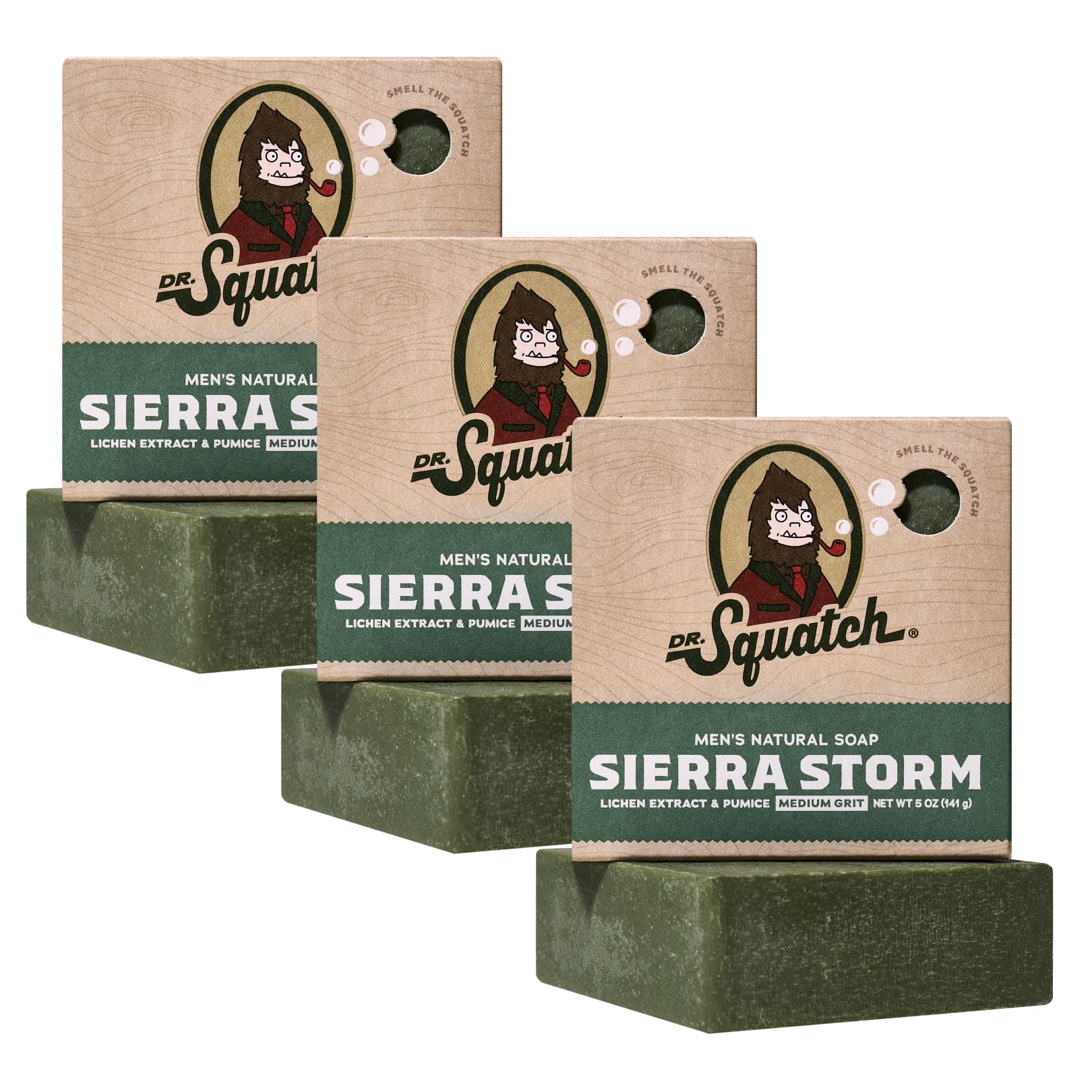 Dr. Squatch Sierra Storm, paquete de tres barras, aroma natural para una ducha renovadora.