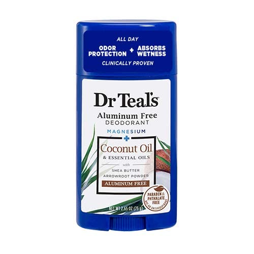 Dr Teal's desodorante coco, botella visible, fragancia suave para piel limpia y cómoda